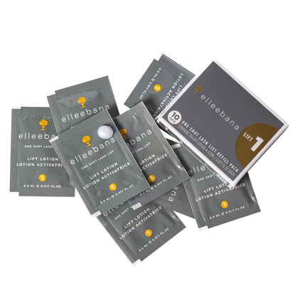 10-pack of individual Step 1 Elleebana Lash LIFT lotion sachets, designed as a standalone refill to break down disulfide bonds during the initial stage of the lash lift service.