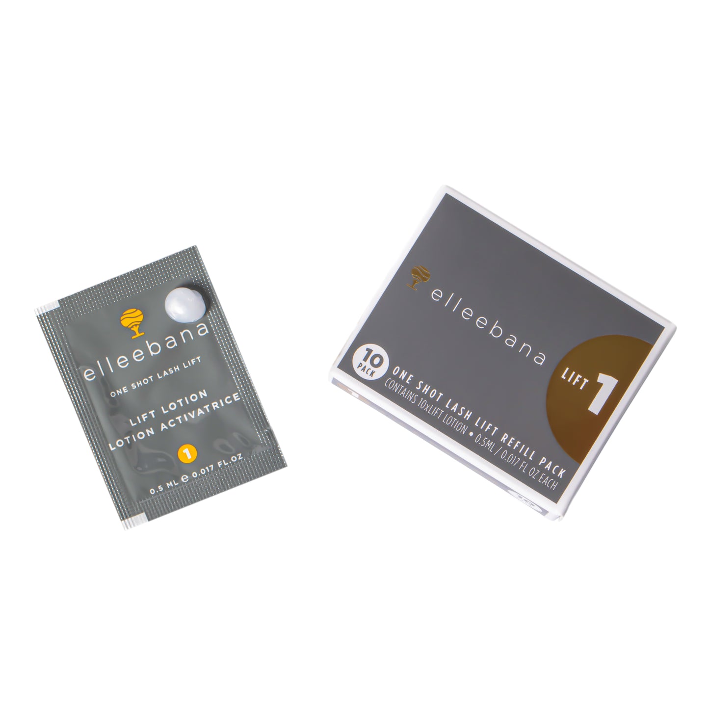 10-pack of individual Step 1 Elleebana Lash LIFT lotion sachets, designed as a standalone refill to break down disulfide bonds during the initial stage of the lash lift service.