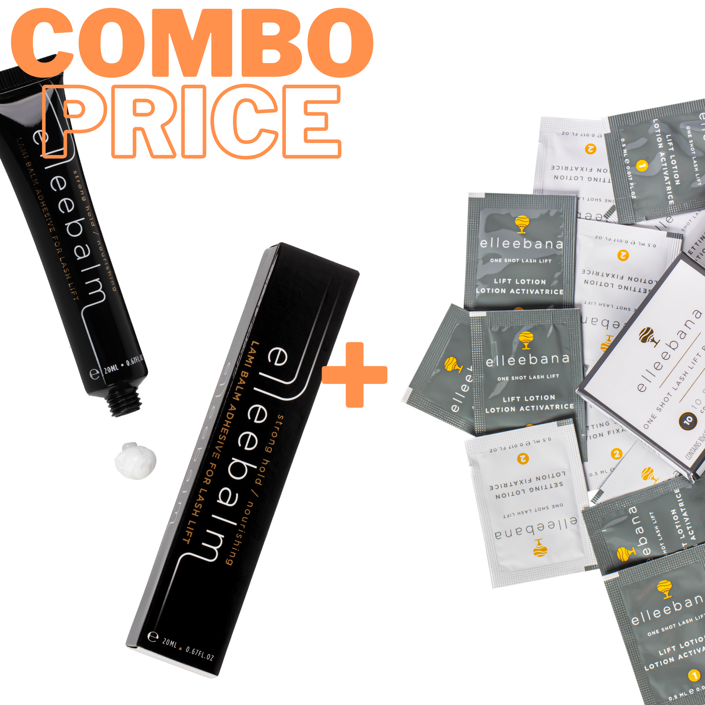 Elleebana Lash Lift starter bundle featuring a 10-pack of One Shot lifting lotions paired with a lash lift adhesive of choice.