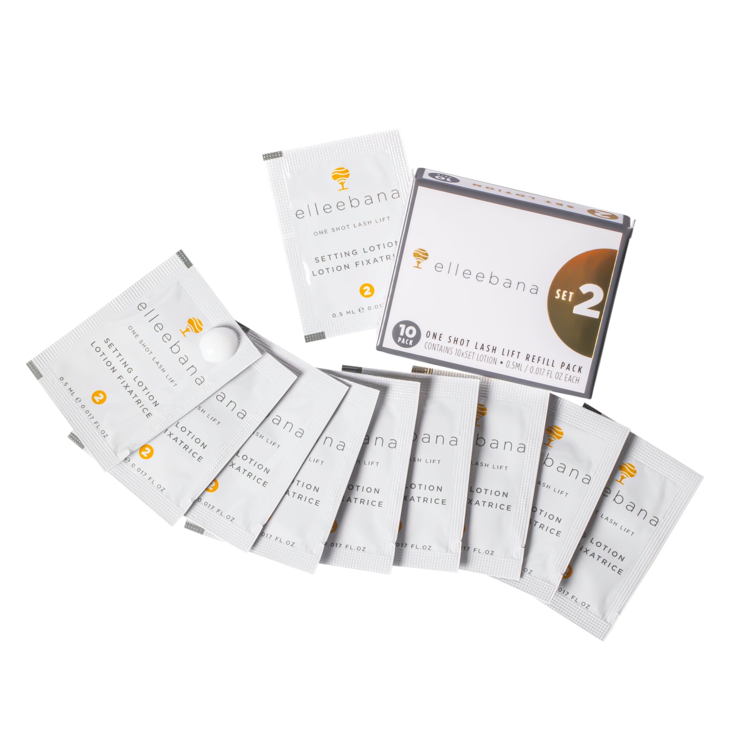 10-pack of individual Step 2 Elleebana Lash Lift SET lotion sachets, designed as a standalone refill to reform disulfide bonds and lock in curl post-lifting during lash lift services.