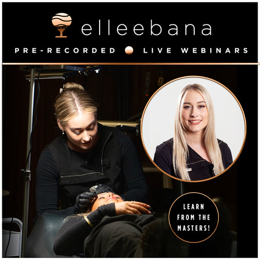Online webinar access graphic for Elleebana's Lash Logic masterclass, hosted by Master Educator Lauren Borowski, covering lotion selection, adhesives, and lash shield techniques.