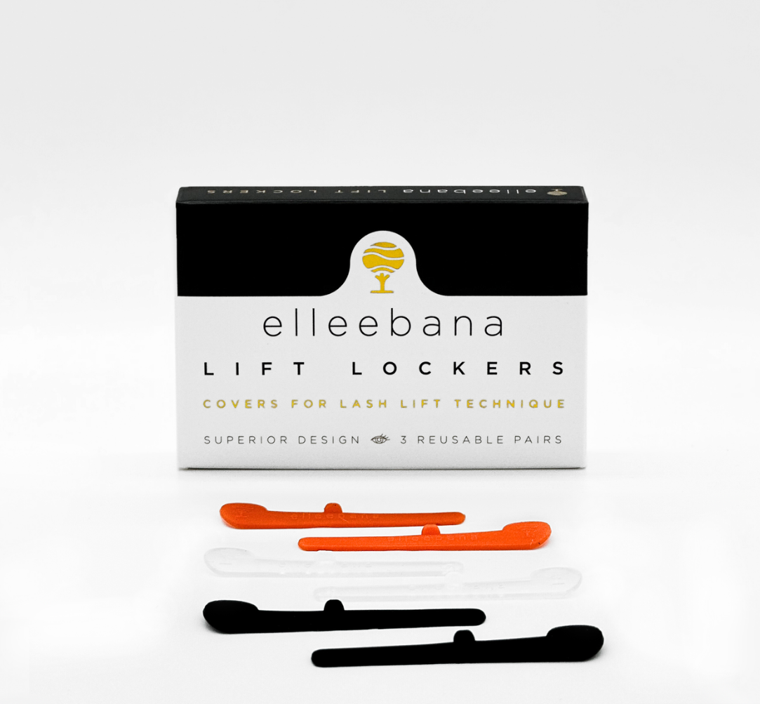 Elleebana Lift Lockers soft silicone lash covers, featuring an ergonomic curved design and signature tree tab grip for securing lashes during lash lift processing, setting, and tinting steps.