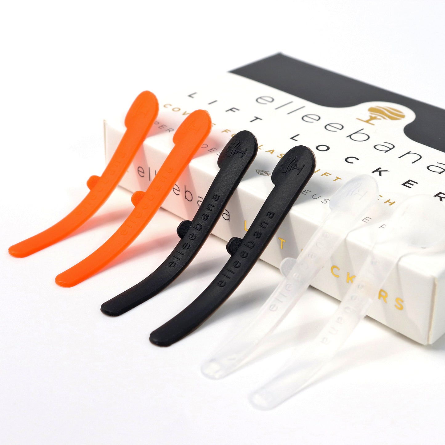 Elleebana Lift Lockers soft silicone lash covers, featuring an ergonomic curved design and signature tree tab grip for securing lashes during lash lift processing, setting, and tinting steps.