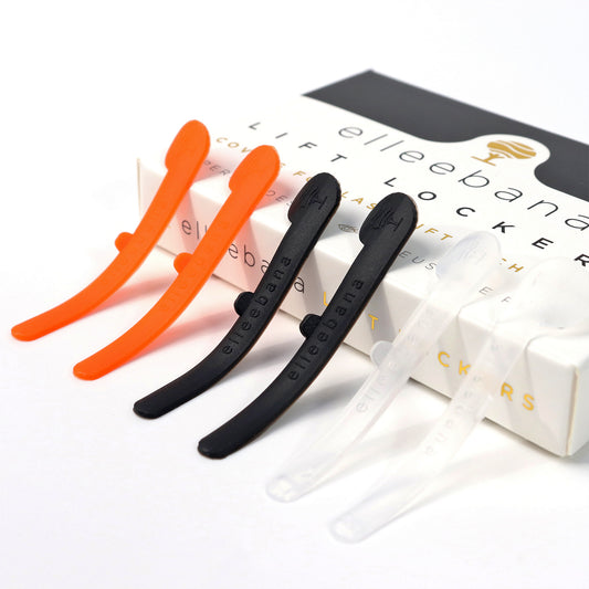 Elleebana Lift Lockers soft silicone lash covers, featuring an ergonomic curved design and signature tree tab grip for securing lashes during lash lift processing, setting, and tinting steps.