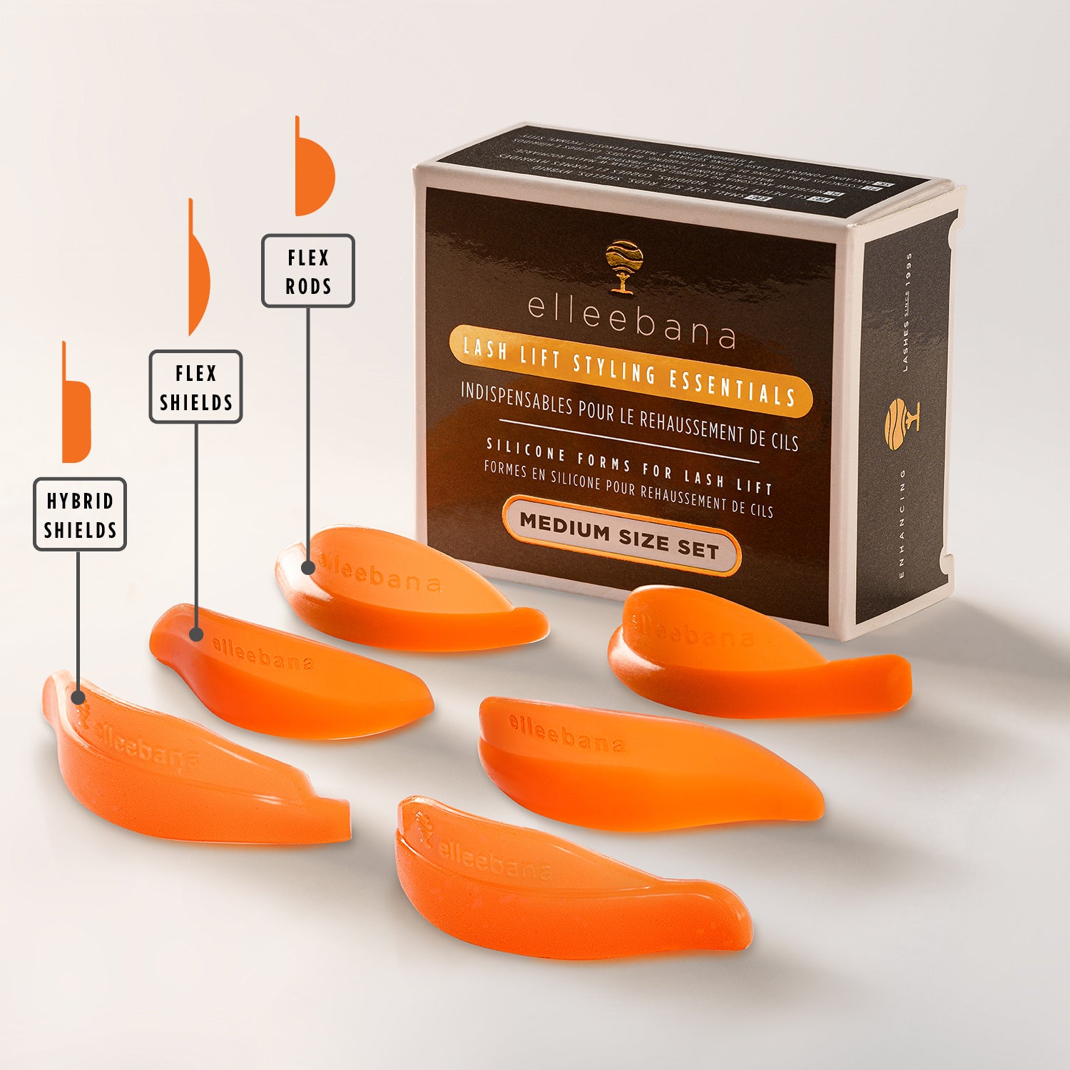 Elleebana Medium Flex Trio Pack containing pairs of medium-sized Flex Rods, Flex Shields, and Flex Hybrid Shields crafted from flexible silicone with tree tab grips.