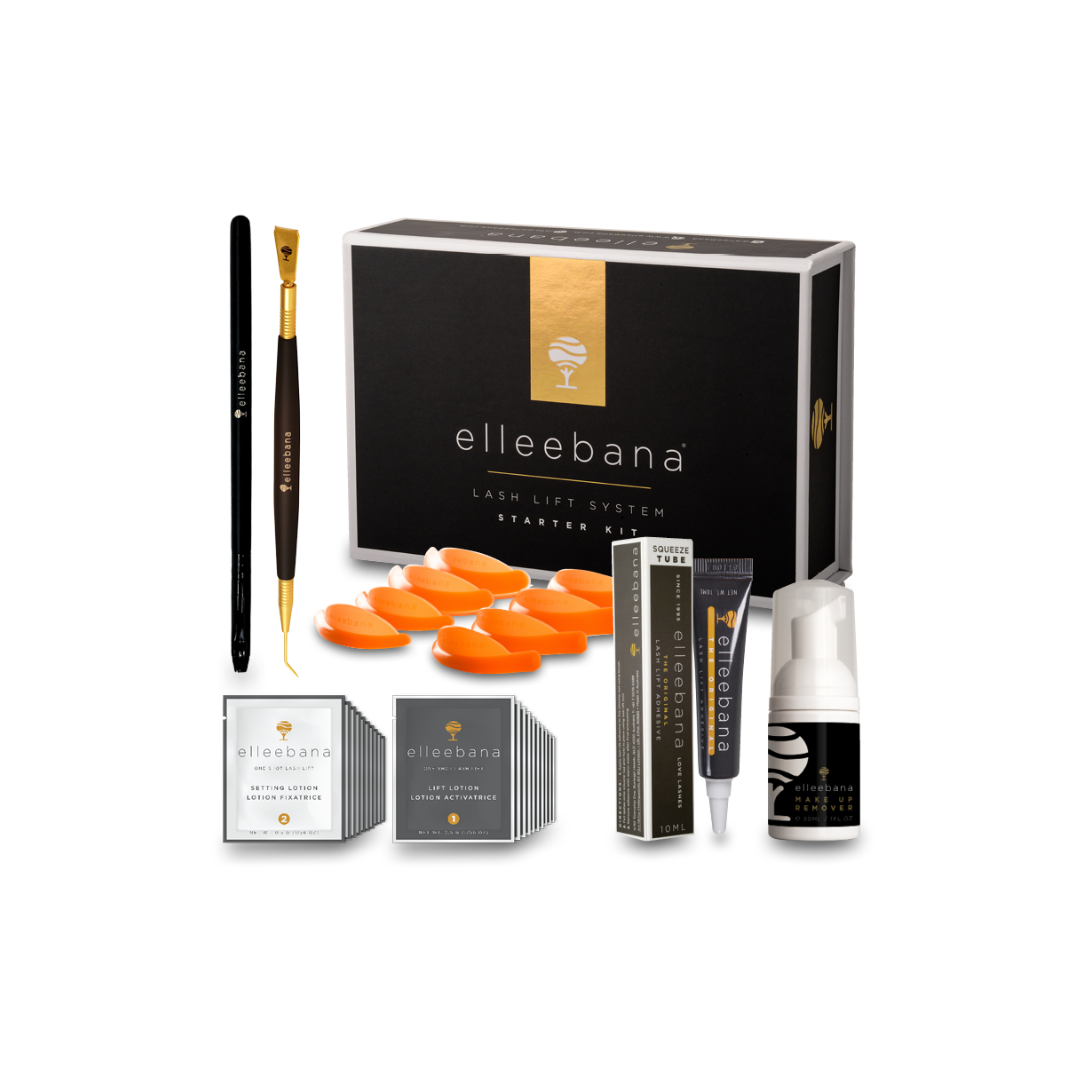 Complete Elleebana One Shot Lash Lift Kit displayed with squeeze adhesive, Belma Remove cleanser, lotion sachets, flex rods, flat brush, and gold precision lash lifting tool.