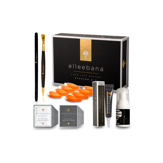 Complete Elleebana One Shot Lash Lift Kit displayed with squeeze adhesive, Belma Remove cleanser, lotion sachets, flex rods, flat brush, and gold precision lash lifting tool.