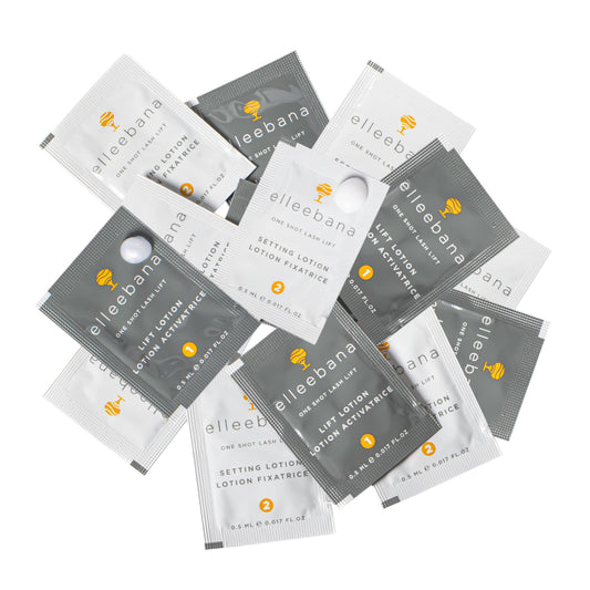 Elleebana One Shot Lash Lift sachet refills and box packaging for rapid professional lash perming and setting.