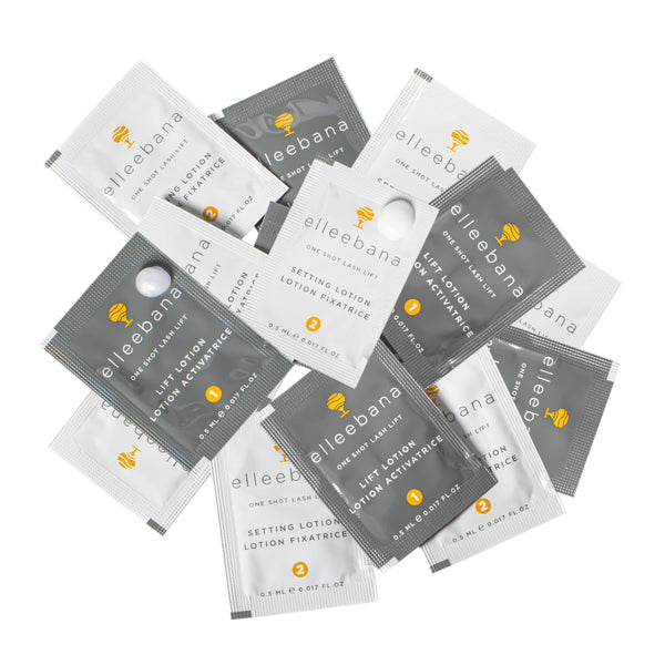 Elleebana One Shot Lash Lift sachet refills and box packaging for rapid professional lash perming and setting.