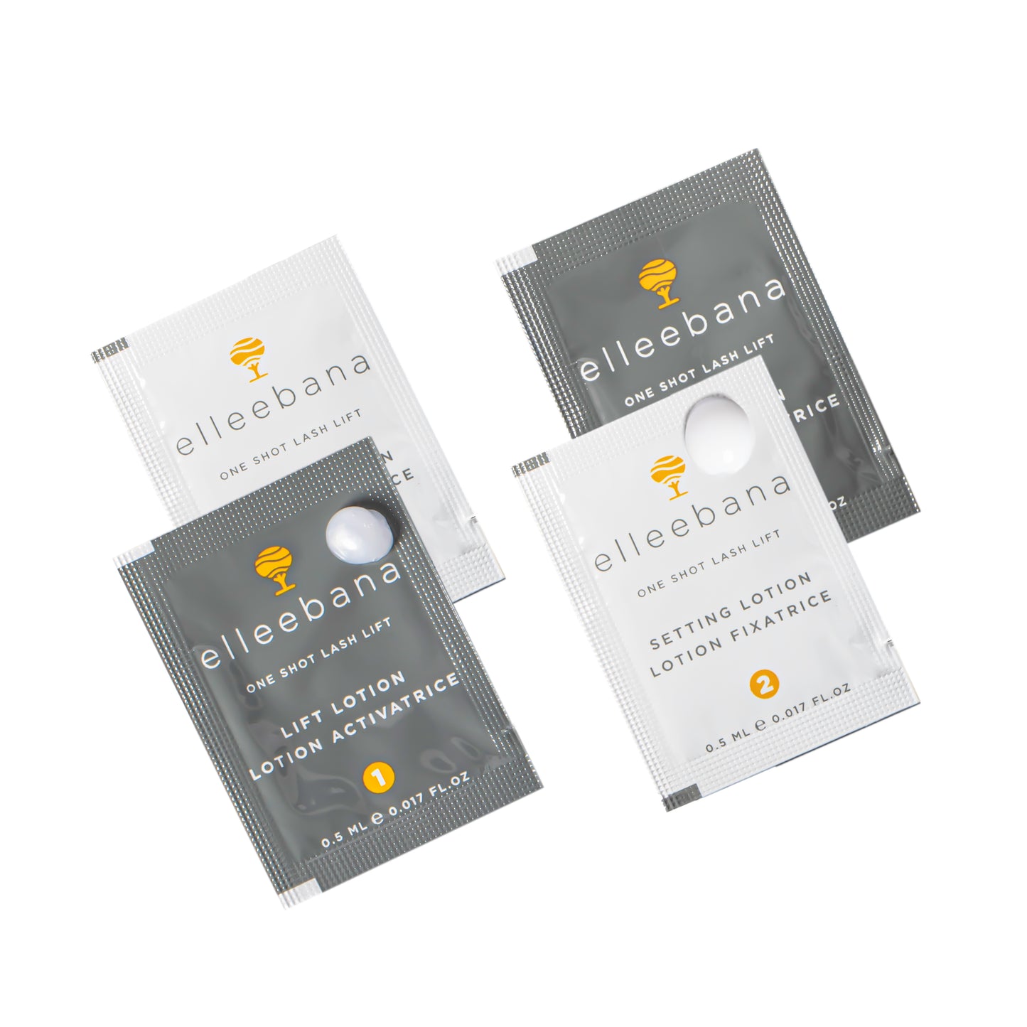 Elleebana One Shot Lash Lift sachets containing Step 1 Lift Lotion and Step 2 Setting Lotion for trial application.