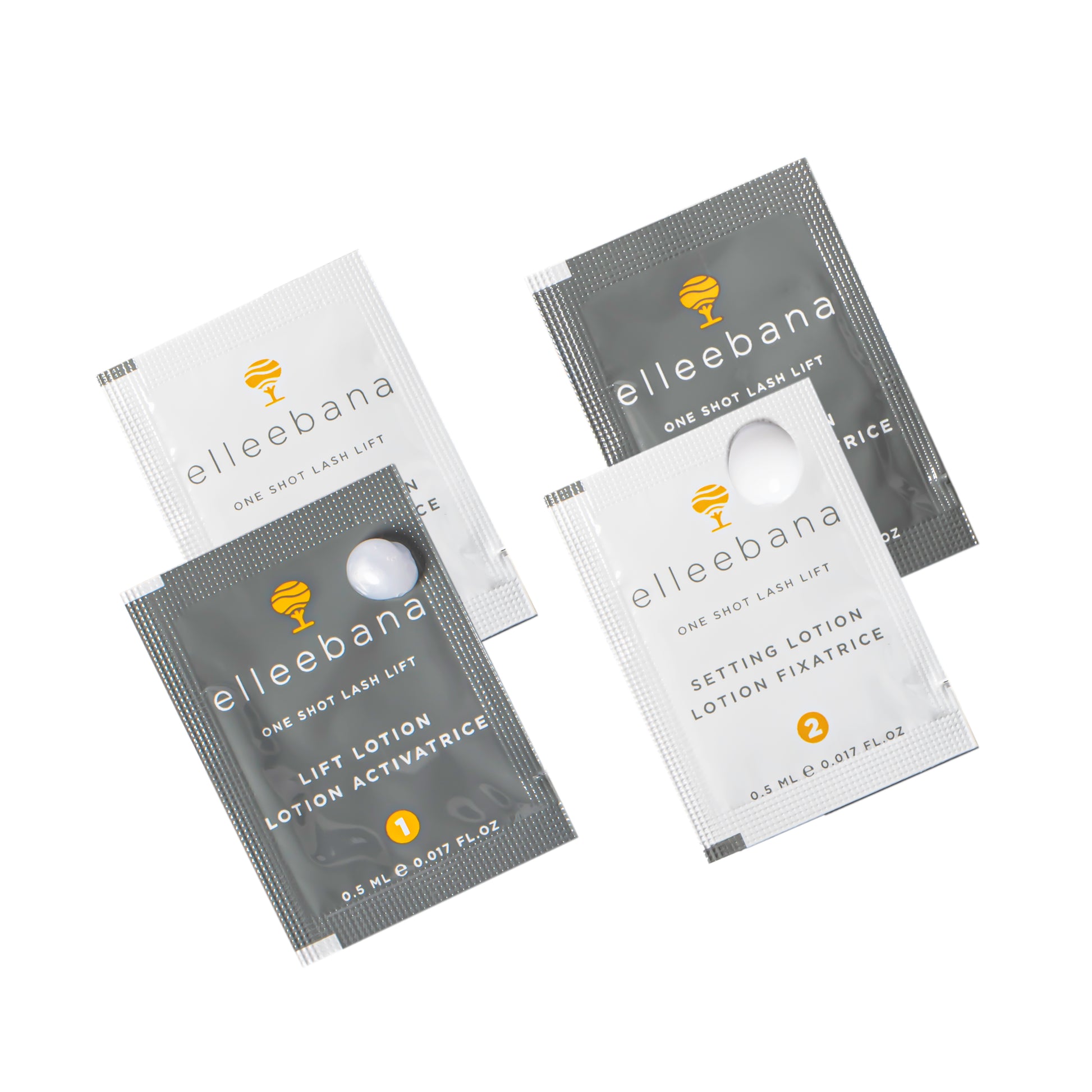 Elleebana One Shot Lash Lift sachets containing Step 1 Lift Lotion and Step 2 Setting Lotion for trial application.