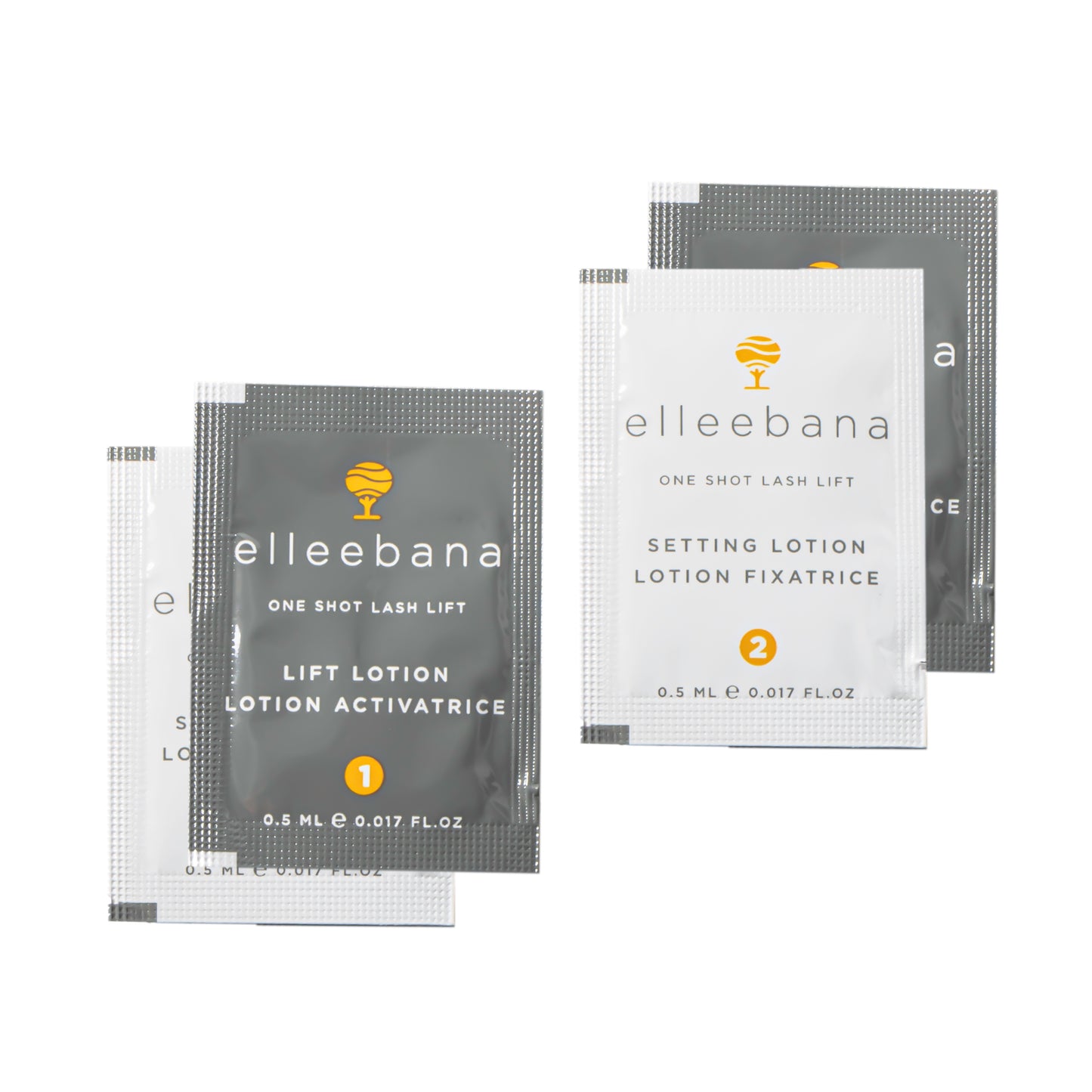 Elleebana One Shot Lash Lift sachets containing Step 1 Lift Lotion and Step 2 Setting Lotion for trial application.