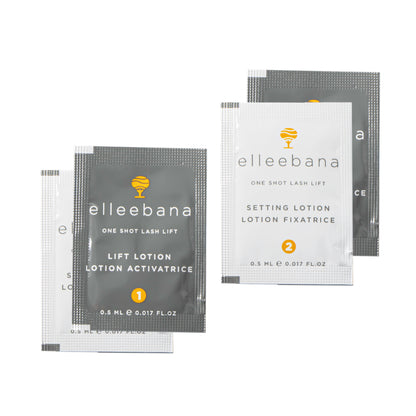 Elleebana One Shot Lash Lift sachets containing Step 1 Lift Lotion and Step 2 Setting Lotion for trial application.