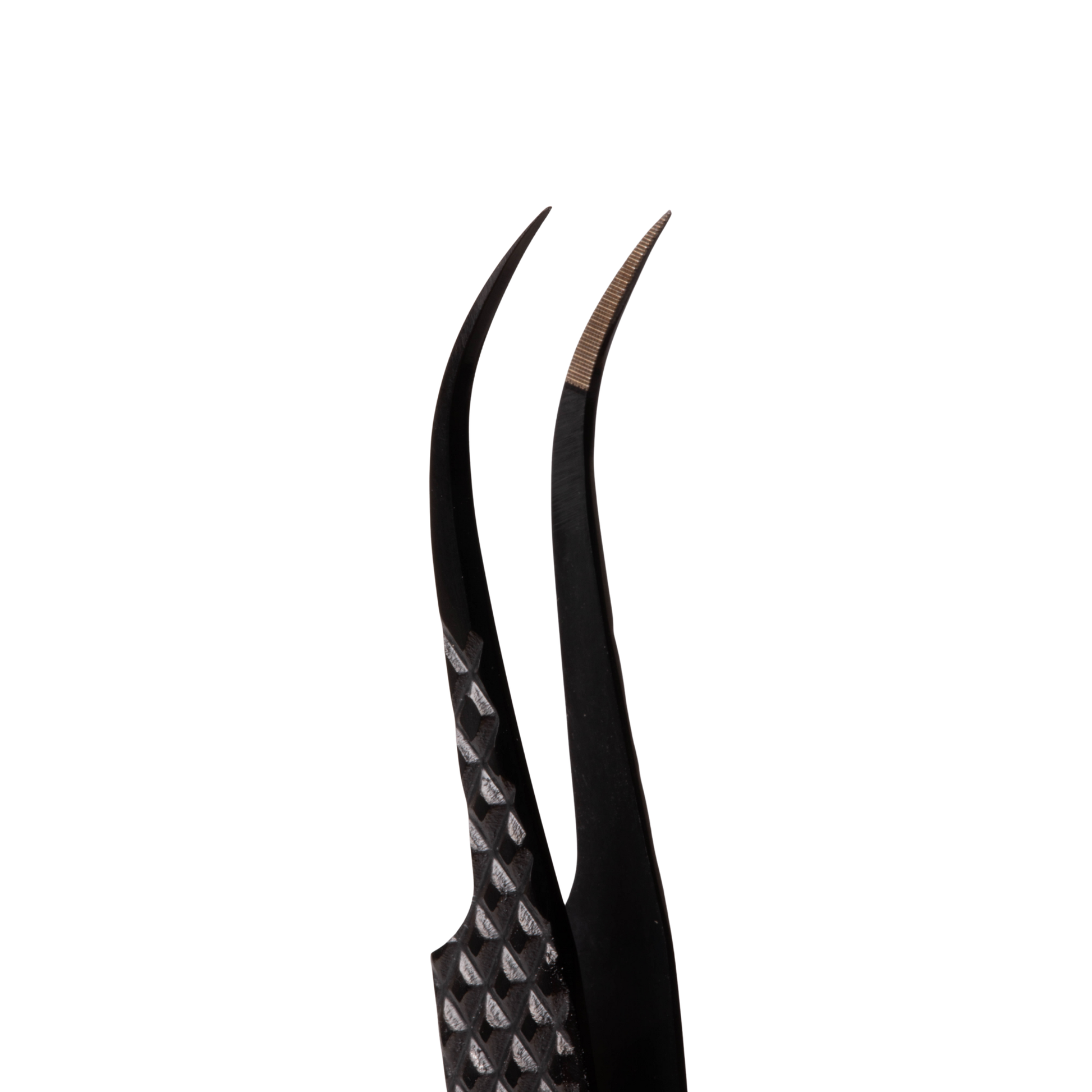 Assortment of three lightweight stainless steel Elleebana professional tweezers, featuring Pro Curve, Straight, and Extra Curve styles, arranged on a clean surface for lash and brow artistry.