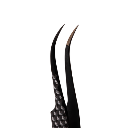 Assortment of three lightweight stainless steel Elleebana professional tweezers, featuring Pro Curve, Straight, and Extra Curve styles, arranged on a clean surface for lash and brow artistry.