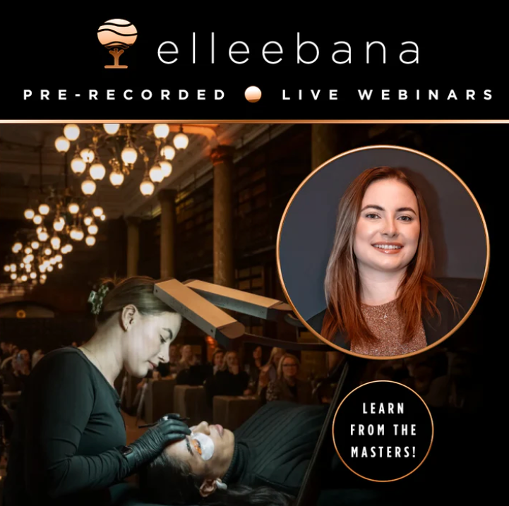 Online webinar access graphic for Elleebana's The Art of the Lift masterclass, hosted by Master Trainer Anieka Mudford, featuring techniques for freestyle, Korean, and glueless lash lifting.