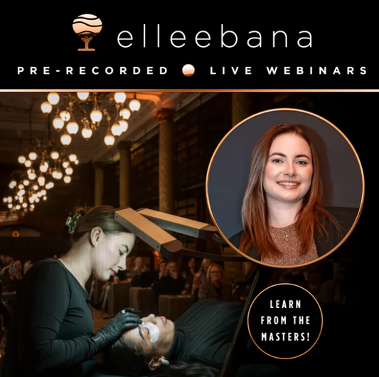 Online webinar access graphic for Elleebana's The Art of the Lift masterclass, hosted by Master Trainer Anieka Mudford, featuring techniques for freestyle, Korean, and glueless lash lifting.