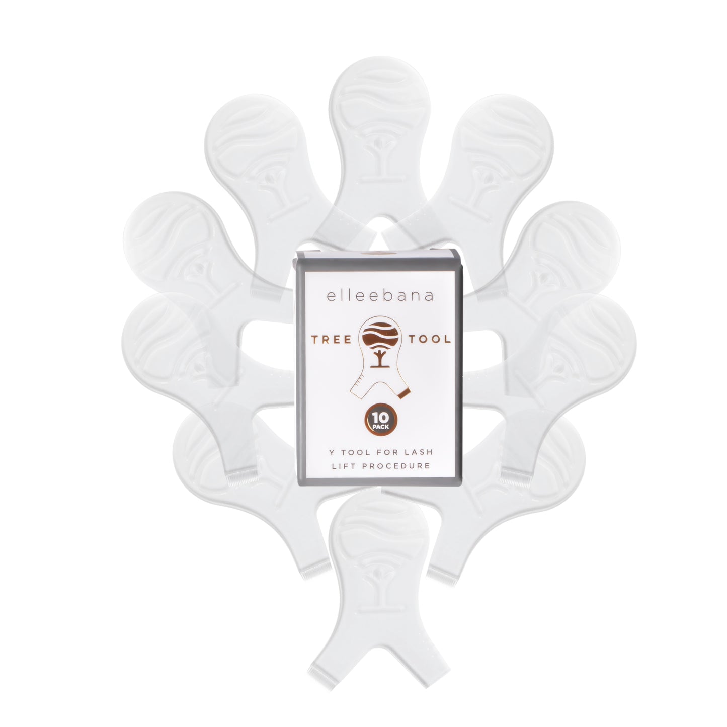 Pack of 10 tree-shaped plastic lash lift Y-tools featuring an ergonomic grip, precision comb teeth for lash separation, and integrated measuring markers to determine optimal rod and shield size.