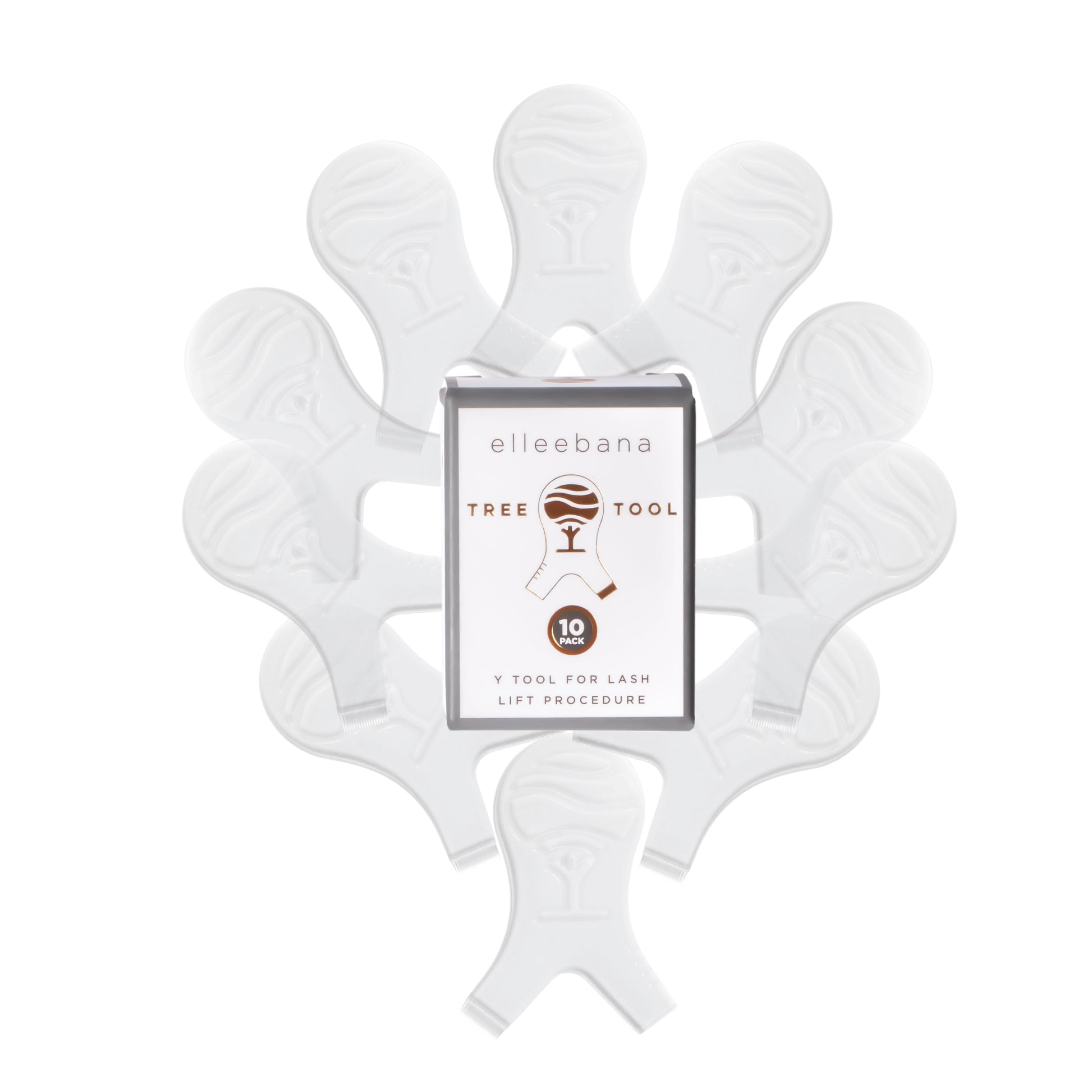 Pack of 10 tree-shaped plastic lash lift Y-tools featuring an ergonomic grip, precision comb teeth for lash separation, and integrated measuring markers to determine optimal rod and shield size.