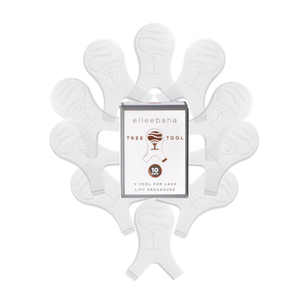 Pack of 10 tree-shaped plastic lash lift Y-tools featuring an ergonomic grip, precision comb teeth for lash separation, and integrated measuring markers to determine optimal rod and shield size.