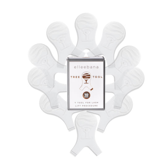 Pack of 10 tree-shaped plastic lash lift Y-tools featuring an ergonomic grip, precision comb teeth for lash separation, and integrated measuring markers to determine optimal rod and shield size.