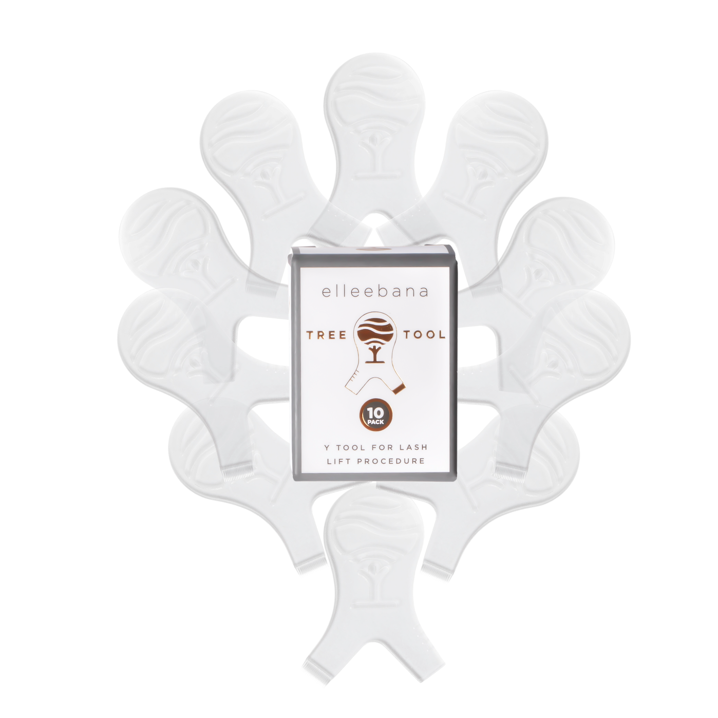 Pack of 10 tree-shaped plastic Y-tools for lash lifting, featuring an ergonomic Elleebana tree grip, fine-tooth comb edge for precise lash separation, and integrated lash length measuring markers for accurate rod and shield sizing.