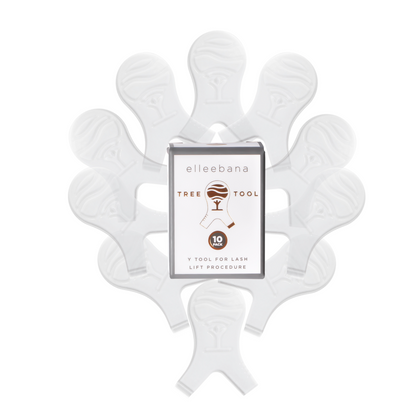 Pack of 10 tree-shaped plastic Y-tools for lash lifting, featuring an ergonomic Elleebana tree grip, fine-tooth comb edge for precise lash separation, and integrated lash length measuring markers for accurate rod and shield sizing.