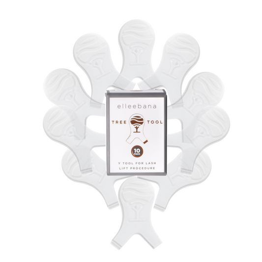 Pack of 10 tree-shaped plastic Y-tools for lash lifting, featuring an ergonomic Elleebana tree grip, fine-tooth comb edge for precise lash separation, and integrated lash length measuring markers for accurate rod and shield sizing.