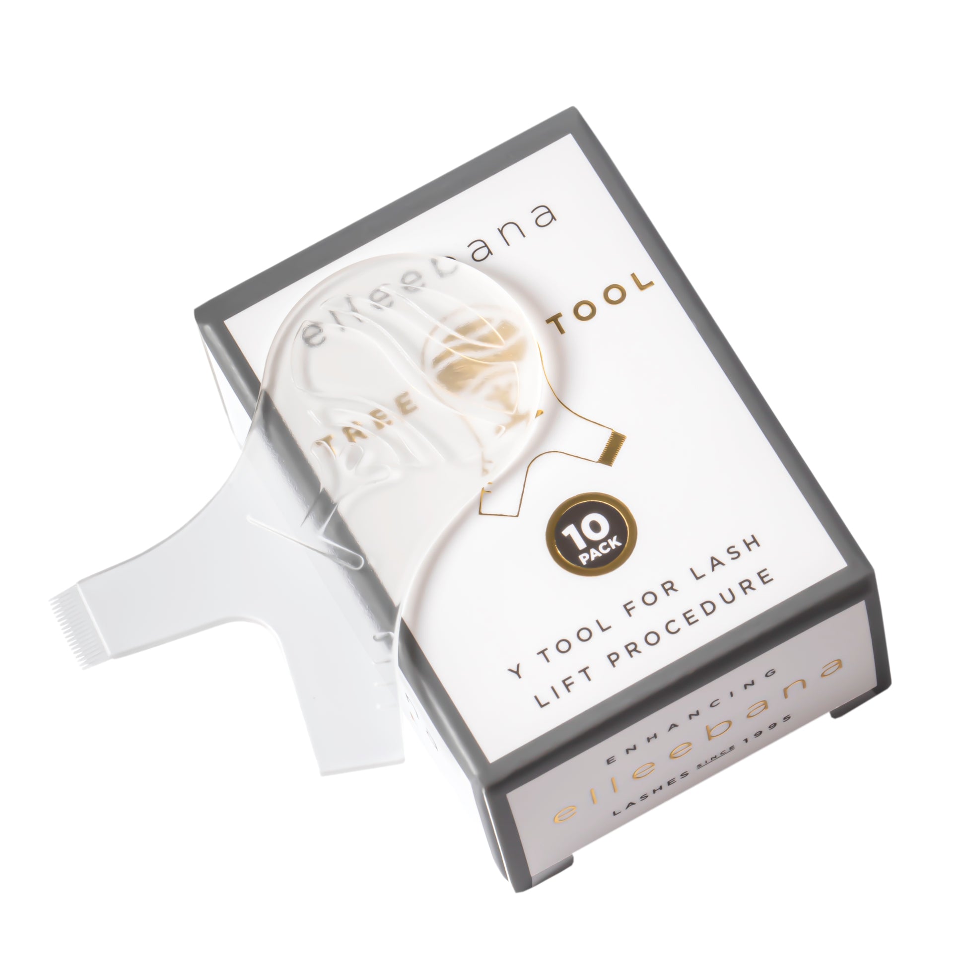 Pack of 10 tree-shaped plastic Y-tools for lash lifting, featuring an ergonomic Elleebana tree grip, fine-tooth comb edge for precise lash separation, and integrated lash length measuring markers for accurate rod and shield sizing.