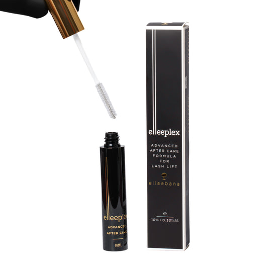 A 10ml tube of Elleeplex advanced aftercare gel by Elleebana, a keratin and vitamin-enriched daily treatment formula designed to condition, strengthen, and add shine to lashes, brows, and beards.