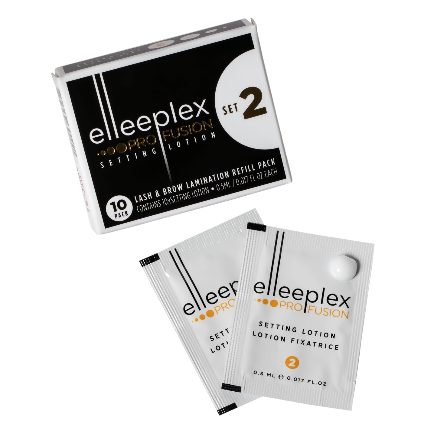 Pack of 10 individual Elleeplex Step 2 SET sachets for lash lift and brow lamination, designed to reform disulphide bonds and set hair in its new shape.