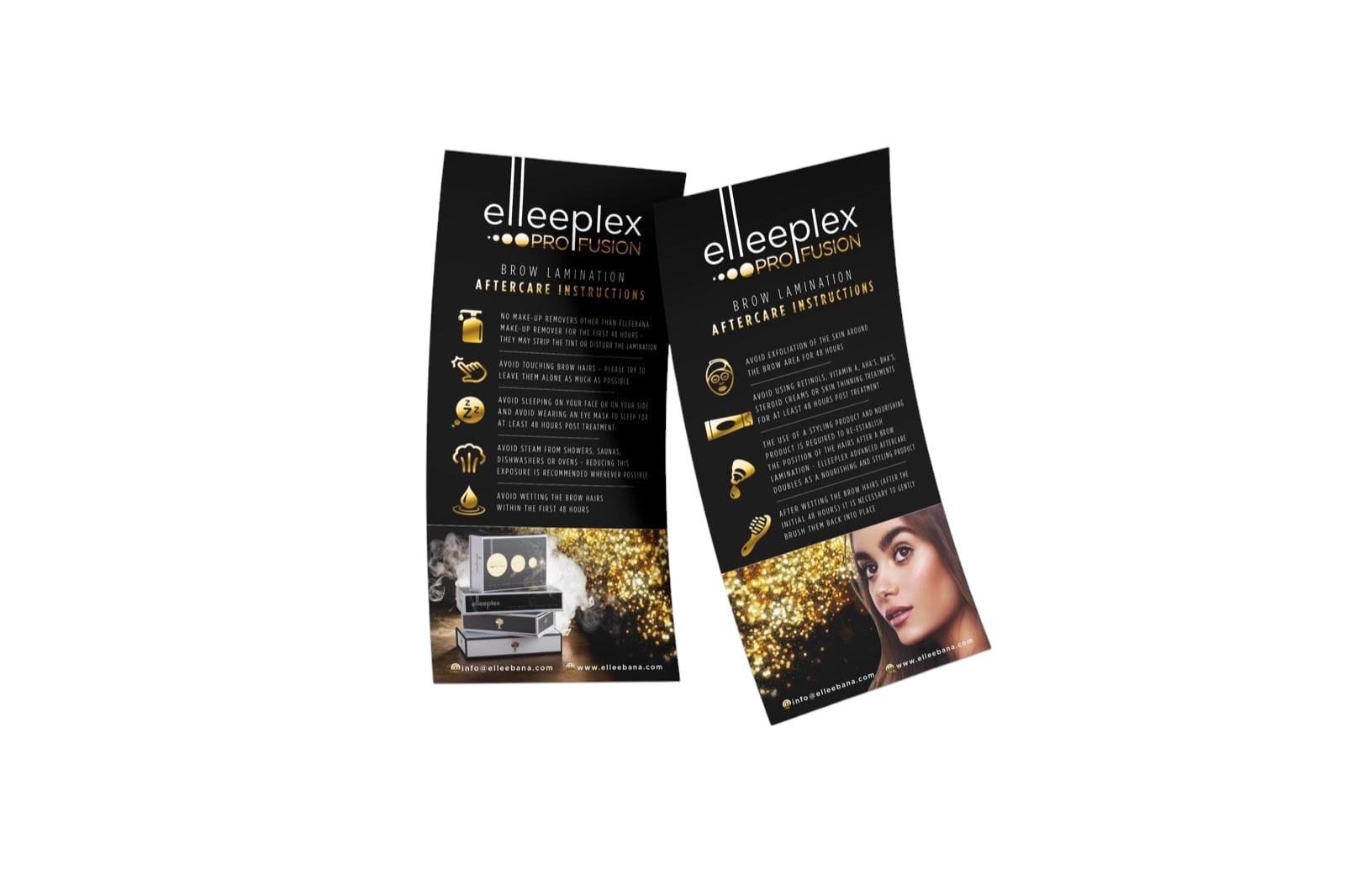 Pack of 50 Elleeplex ProFusion client aftercare leaflets detailing post-treatment care instructions for lash lifts and brow laminations.