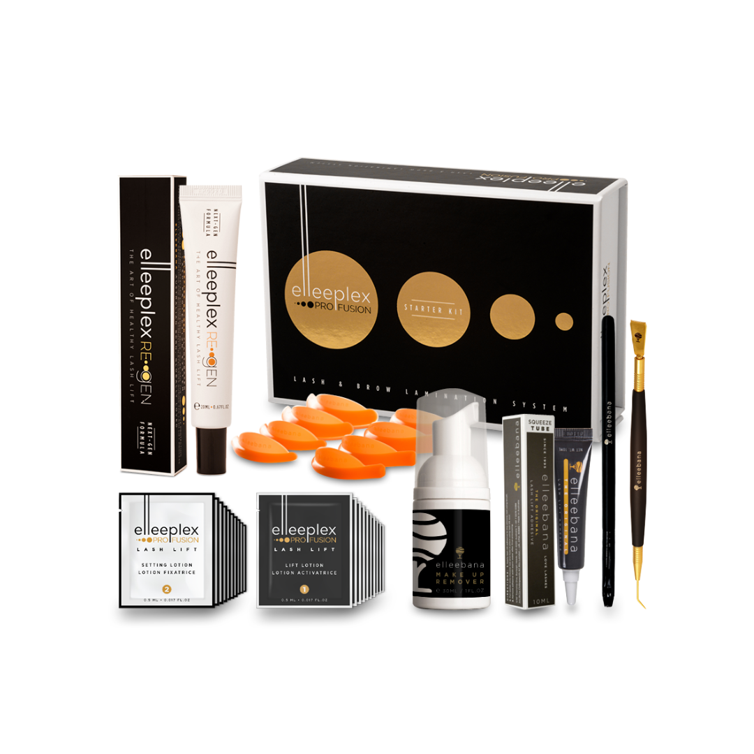 White and green Elleebana Elleeplex Profusion starter kit box displaying organized treatment sachets, lash lift shields, and application tools.