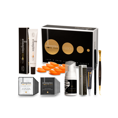 White and green Elleebana Elleeplex Profusion starter kit box displaying organized treatment sachets, lash lift shields, and application tools.
