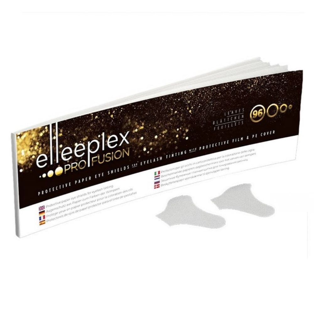 Elleeplex Profusion Protective Paper Eye Shields booklet featuring pre-cut under-eye guards designed for eyelash tinting services.