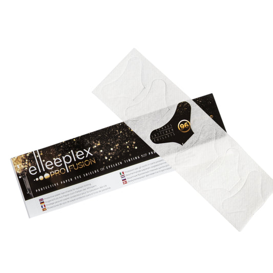 Elleeplex Profusion Protective Paper Eye Shields booklet featuring pre-cut under-eye guards designed for eyelash tinting services.