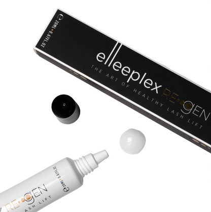A 20ml squeeze tube of Elleeplex ReGEN 2.0 plant-based lash and brow conditioning treatment, designed to restore moisture, elasticity, and strength to hairs following lash lifting, brow lamination, or extension removal.