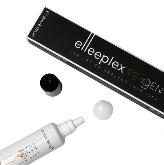 A 20ml squeeze tube of Elleeplex ReGEN 2.0 plant-based lash and brow conditioning treatment, designed to restore moisture, elasticity, and strength to hairs following lash lifting, brow lamination, or extension removal.