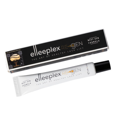 A 20ml squeeze tube of Elleeplex ReGEN 2.0 plant-based lash and brow conditioning treatment, designed to restore moisture, elasticity, and strength to hairs following lash lifting, brow lamination, or extension removal.