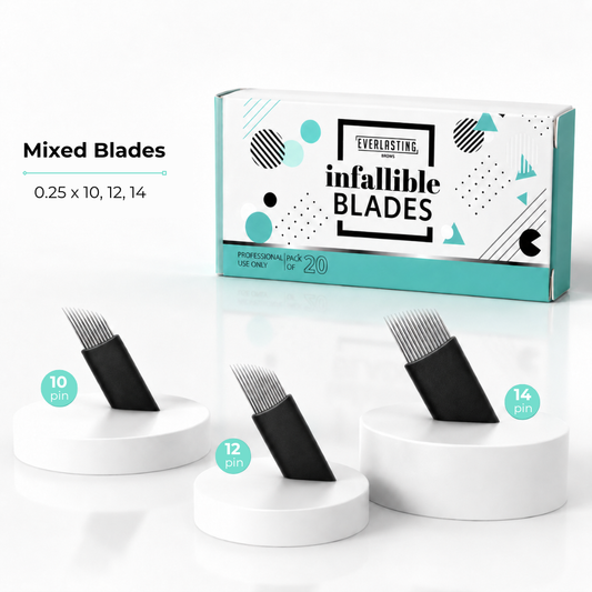 Assortment of 20 individually wrapped, sterile 0.25mm slanted microblading blades displayed together in a sampler pack.