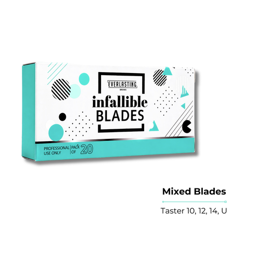 Selection of individually wrapped, sterile Everlasting microblading blades in various sizes, arranged together in a mix sampler pack.