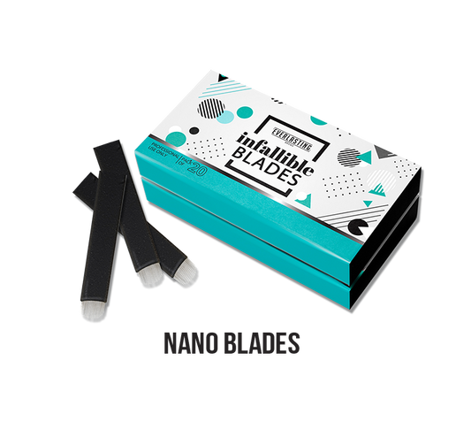 Pack of sterile, individually wrapped 0.15mm U-shape double-sharpened stainless steel nano microblading blades, designed for advanced technicians to create curved, ultra-fine hair strokes and precise top-ups.
