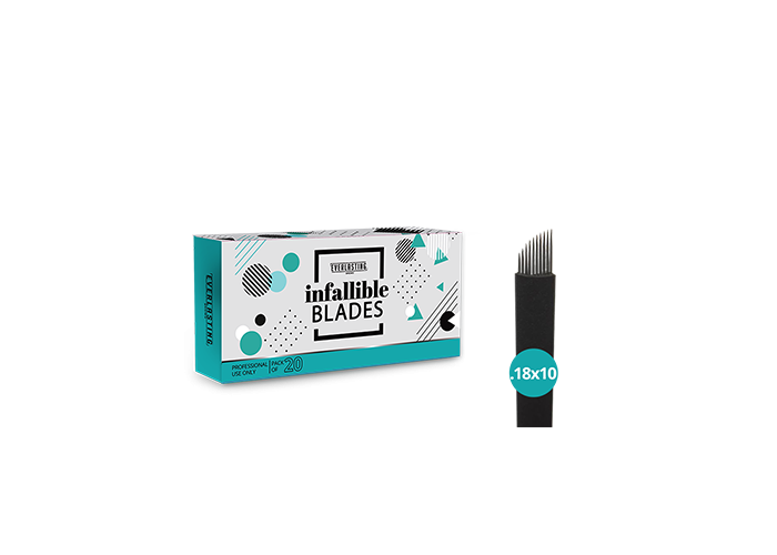 Pack of sterile, individually wrapped 0.18mm 10-pin double-sharpened stainless steel microblading blades, designed for ultra-fine, natural hair strokes on narrow brows and fine natural hairs.