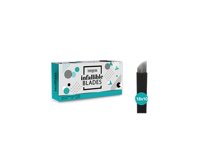 Pack of sterile, individually wrapped 0.18mm 10-pin double-sharpened stainless steel microblading blades, designed for ultra-fine, natural hair strokes on narrow brows and fine natural hairs.