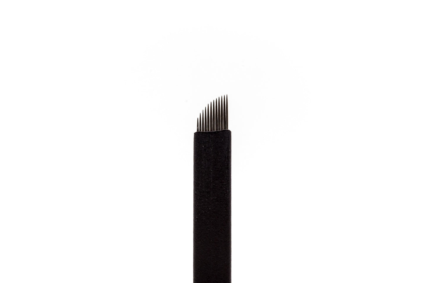 Pack of sterile, individually wrapped 0.18mm 12-pin double-sharpened stainless steel microblading blades, designed for creating ultra-fine, natural hair strokes on medium-sized brow shapes.