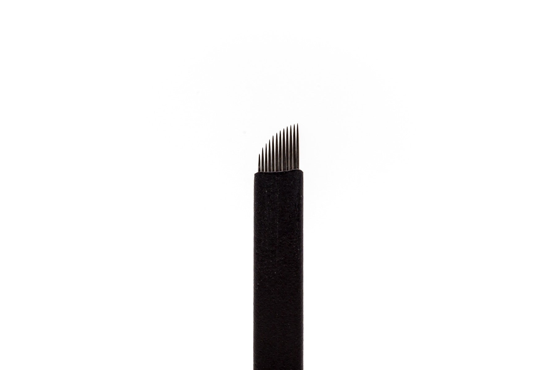 Pack of sterile, individually wrapped 0.18mm 12-pin double-sharpened stainless steel microblading blades, designed for creating ultra-fine, natural hair strokes on medium-sized brow shapes.
