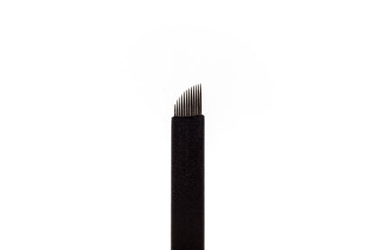 Pack of sterile, individually wrapped 0.18mm 12-pin double-sharpened stainless steel microblading blades, designed for creating ultra-fine, natural hair strokes on medium-sized brow shapes.