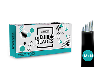 Pack of sterile, individually wrapped 0.18mm 14-pin double-sharpened stainless steel microblading blades, designed for creating ultra-fine, longer hair strokes on larger brow shapes.
