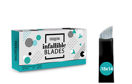 Pack of sterile, individually wrapped 0.18mm 14-pin double-sharpened stainless steel microblading blades, designed for creating ultra-fine, longer hair strokes on larger brow shapes.