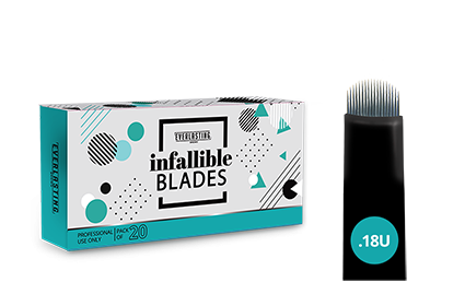 Pack of sterile, individually wrapped 0.18mm U-shape double-sharpened stainless steel microblading blades, designed for advanced technicians to create ultra-fine, curved hair strokes and precise touch-up treatments.